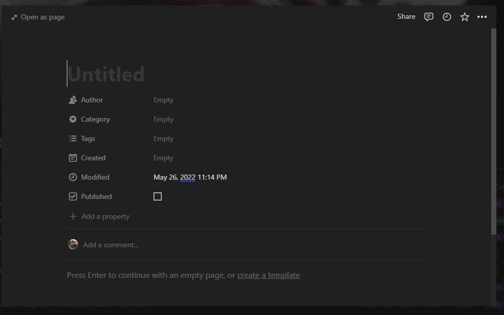 Exemplo das propriedades no meu Notion que se transformam no FrontMatter no Jekyll.