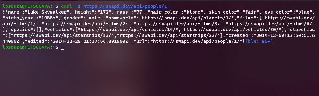 Comando `curl` obtendo informações da SWAPI.