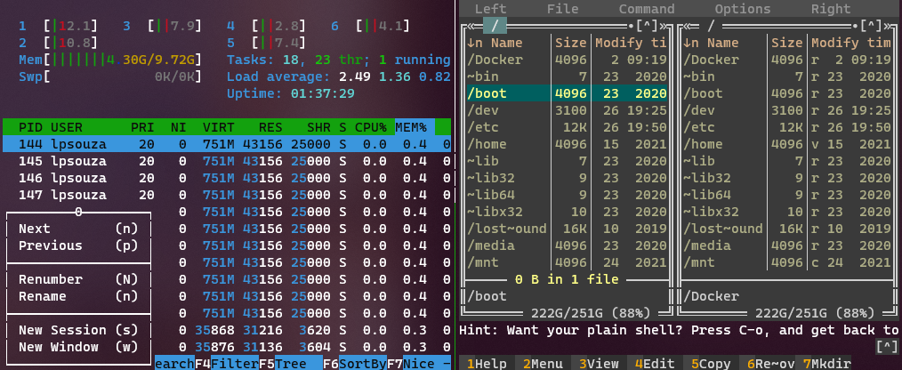 Aqui temos o `tmux` rodando com duas telas (rodando o `htop` de um lado e o `mc` do outro.